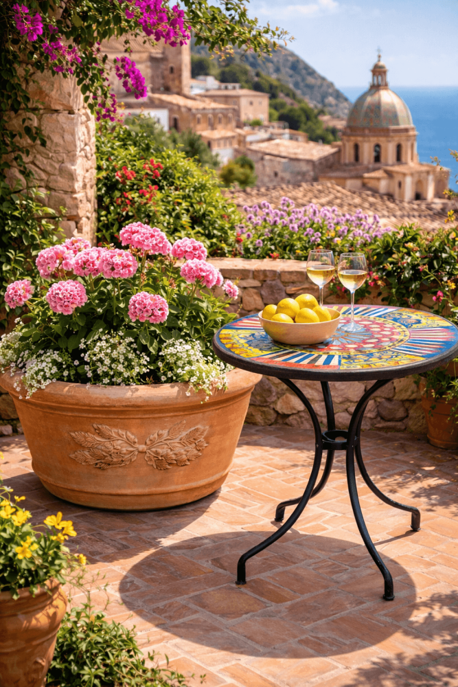 Table basse ronde en pierre de lave avec décor sicilien traditionnel